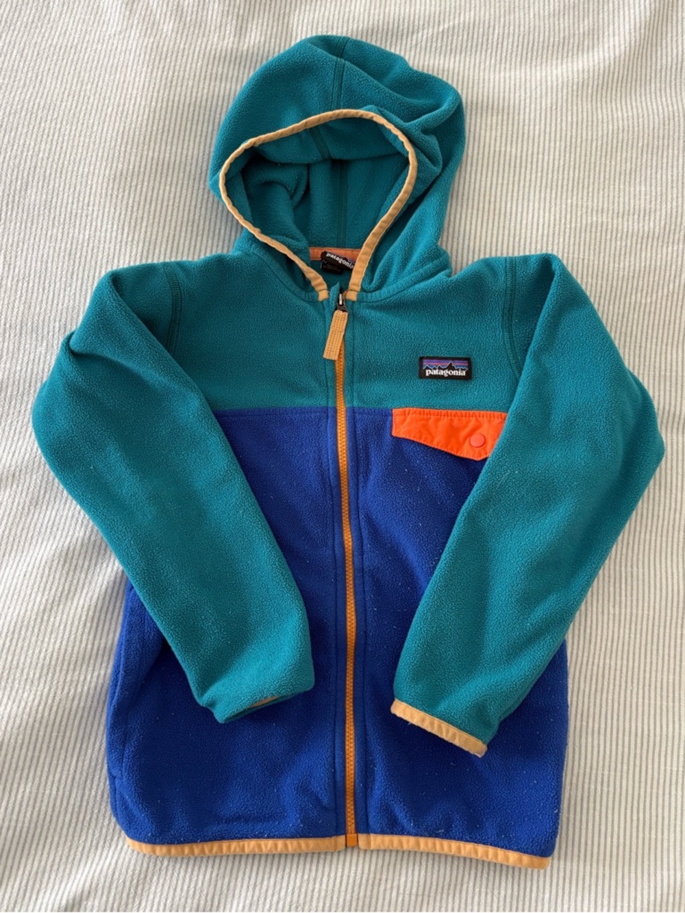 Patagonia Kids Teal & Blue Fleece Hoodie with Orange Accents